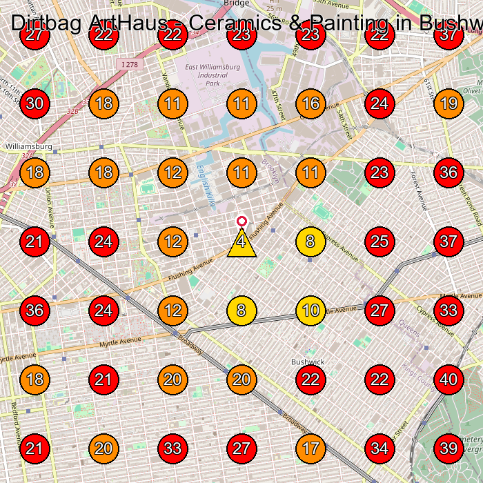 Dirtbag ArtHaus - Ceramics & Painting in Bushwick GeoGrid visibility map for Pottery Classes in Brooklyn
